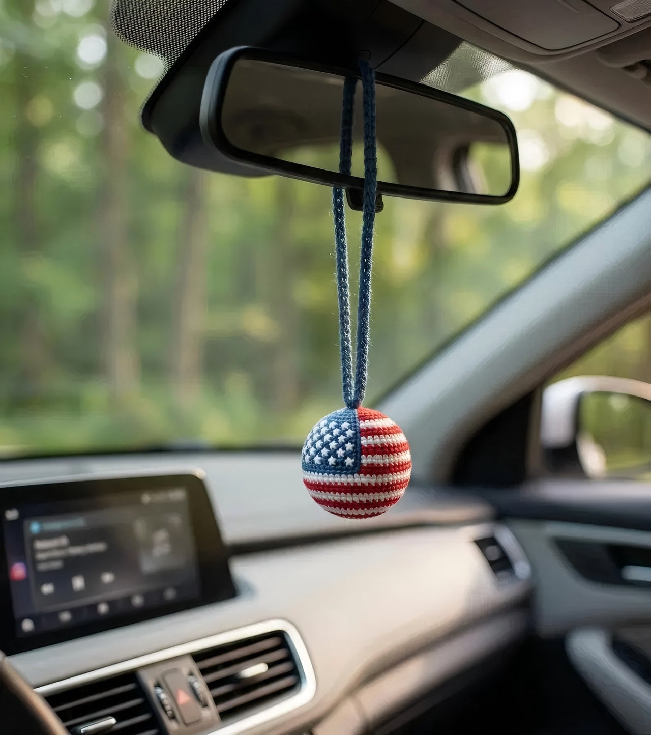Handmade American Flag 250th Crochet Car Charm – Amigurumi Plush Ball Rearview Mirror Hanging Ornament