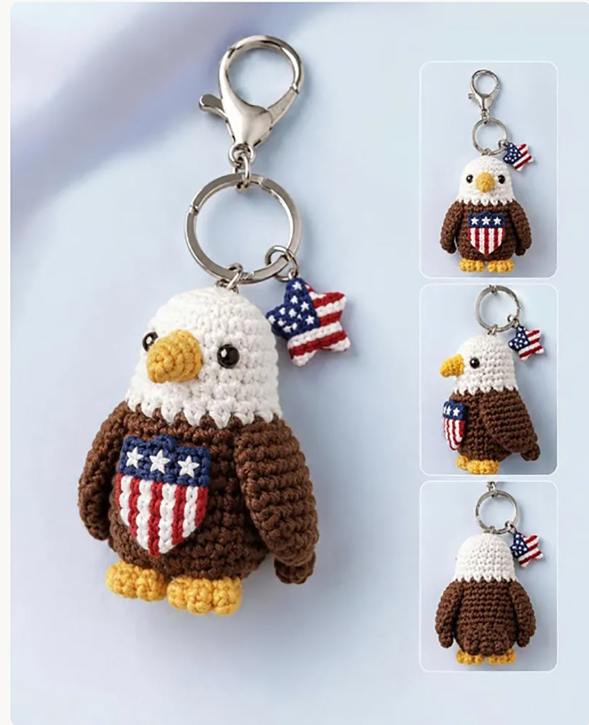 Patriotic Crochet Animal Keychain – American Flag Handmade Plush Backpack Charm