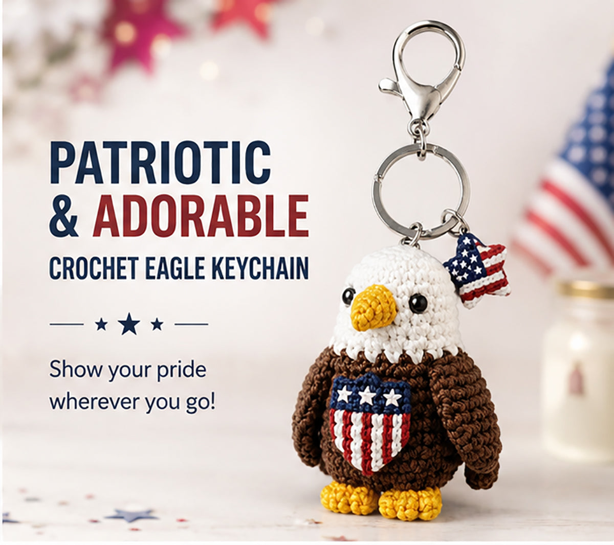 Patriotic Crochet Animal Keychain – American Flag Handmade Plush Backpack Charm