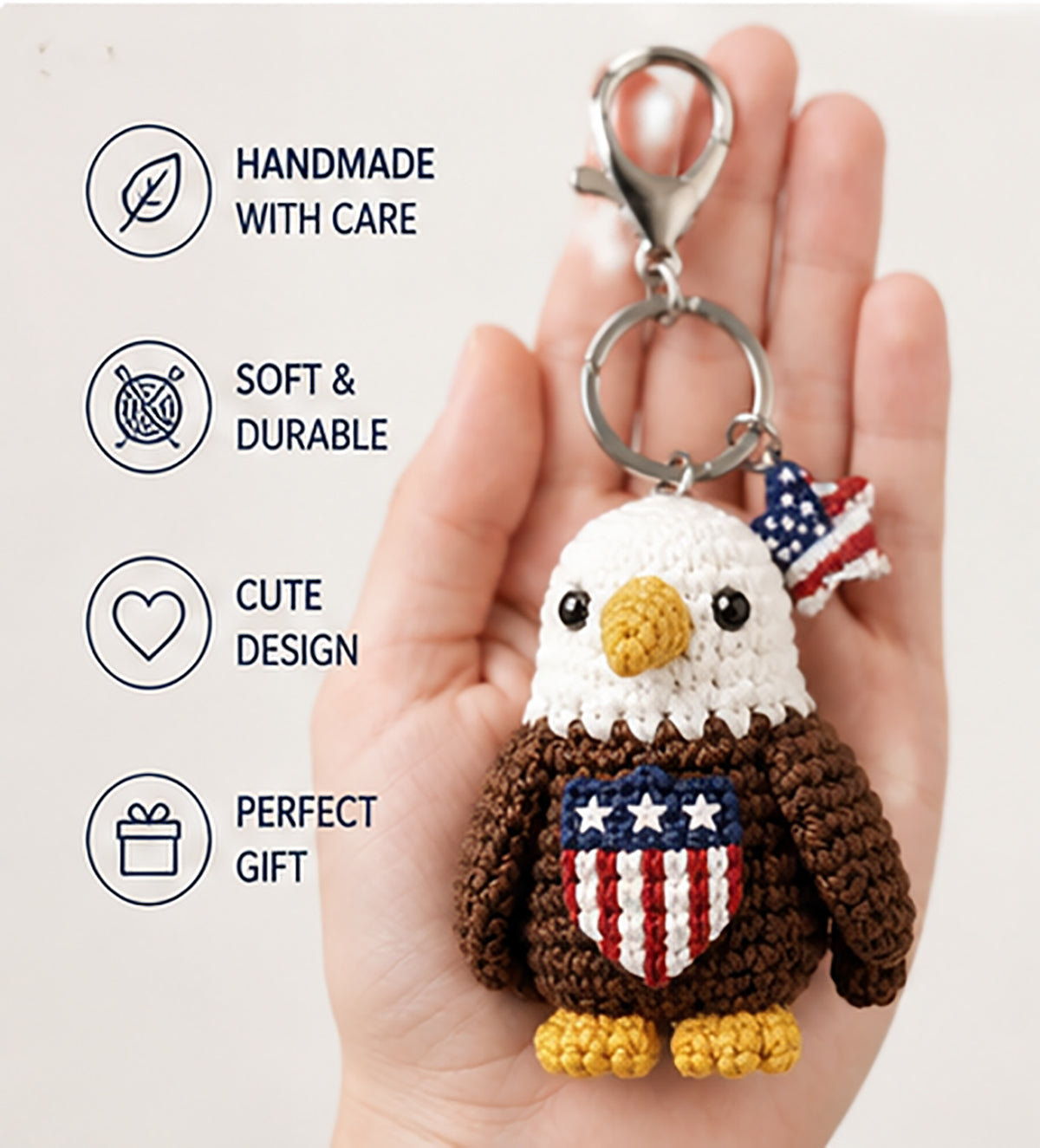 Patriotic Crochet Animal Keychain – American Flag Handmade Plush Backpack Charm