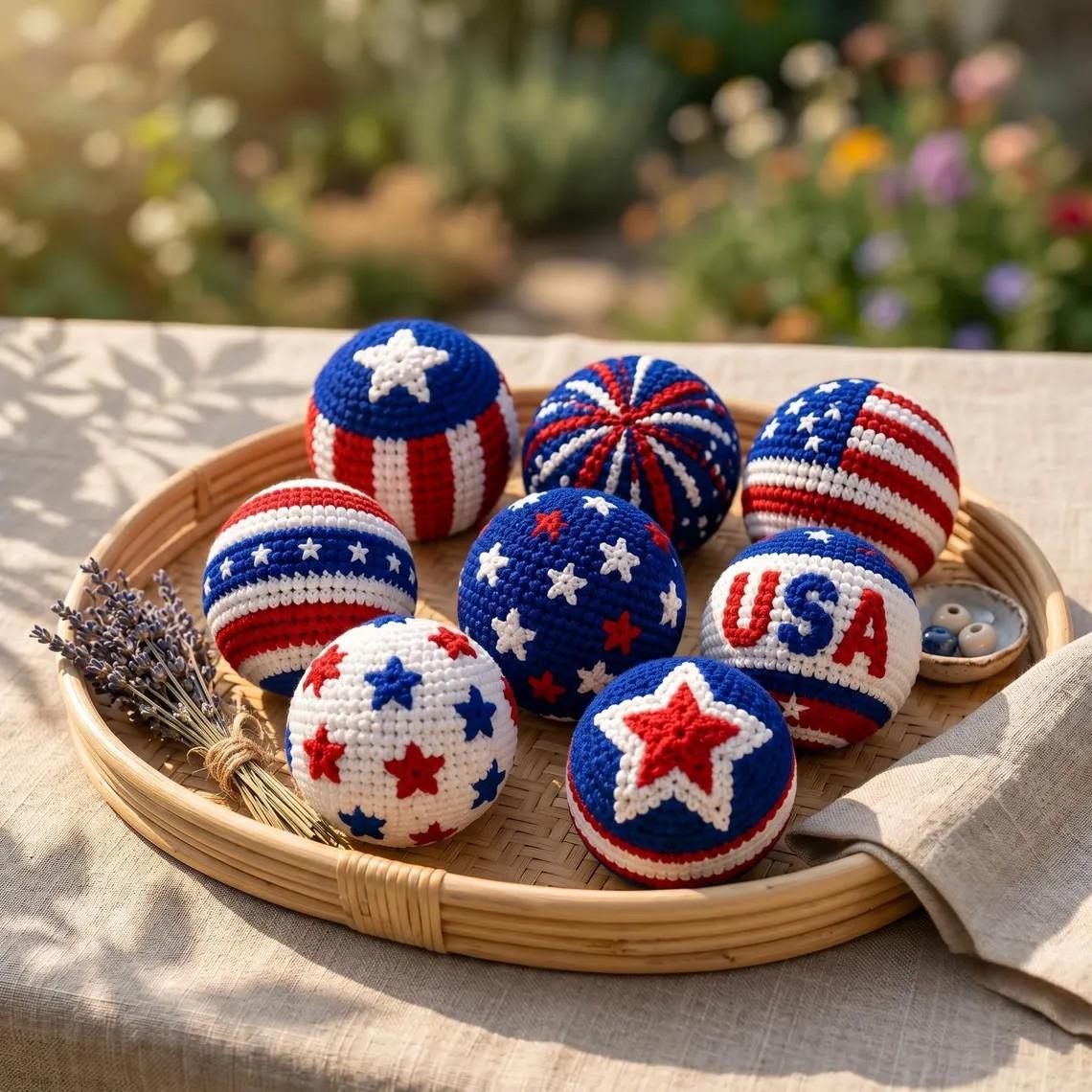 Handmade Patriotic Crochet Balls Hacky Sacks Ornaments Set for Independence Day
