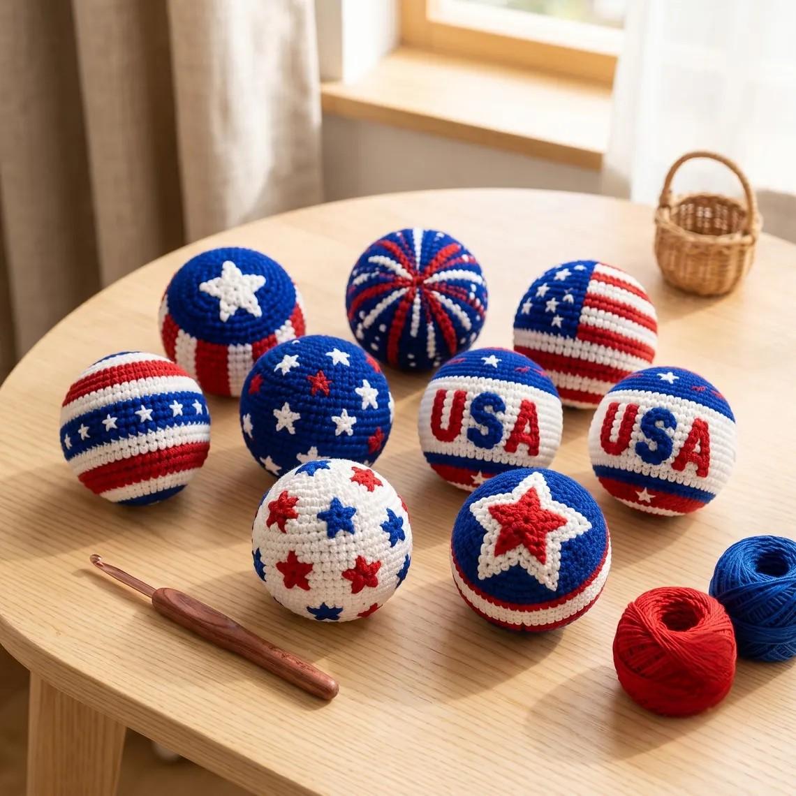 Handmade Patriotic Crochet Balls Hacky Sacks Ornaments Set for Independence Day
