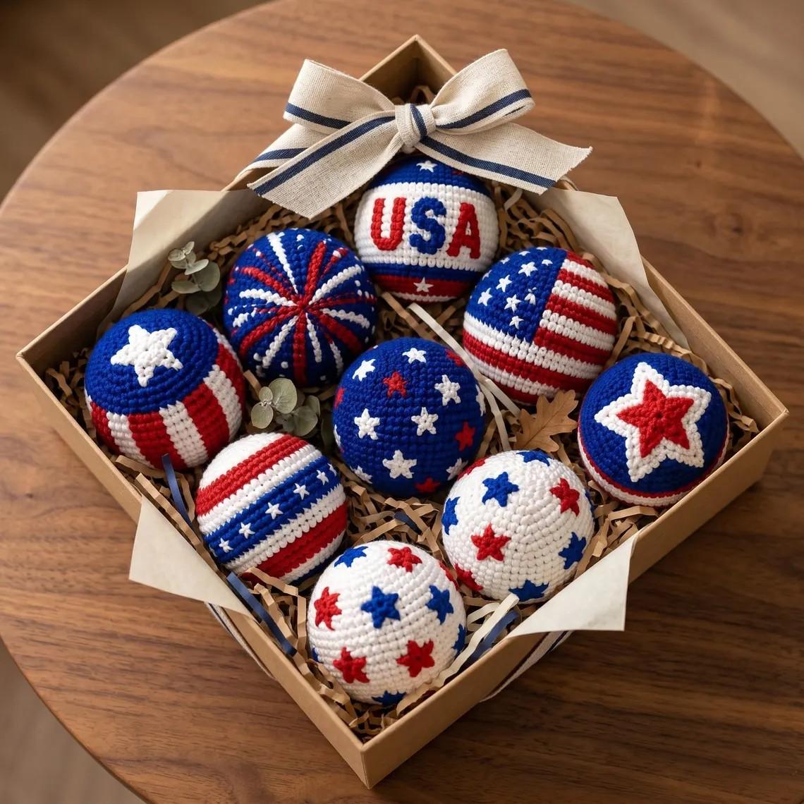 Handmade Patriotic Crochet Balls Hacky Sacks Ornaments Set for Independence Day