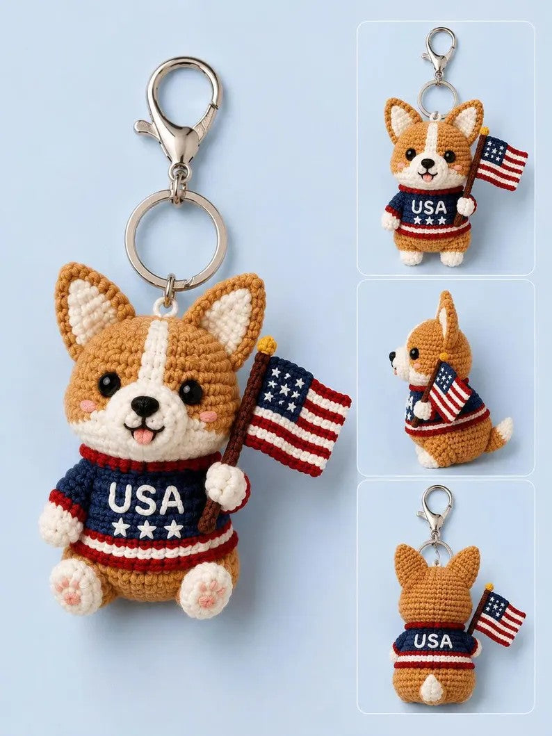 Patriotic Crochet Animal Keychain – American Flag Handmade Plush Backpack Charm