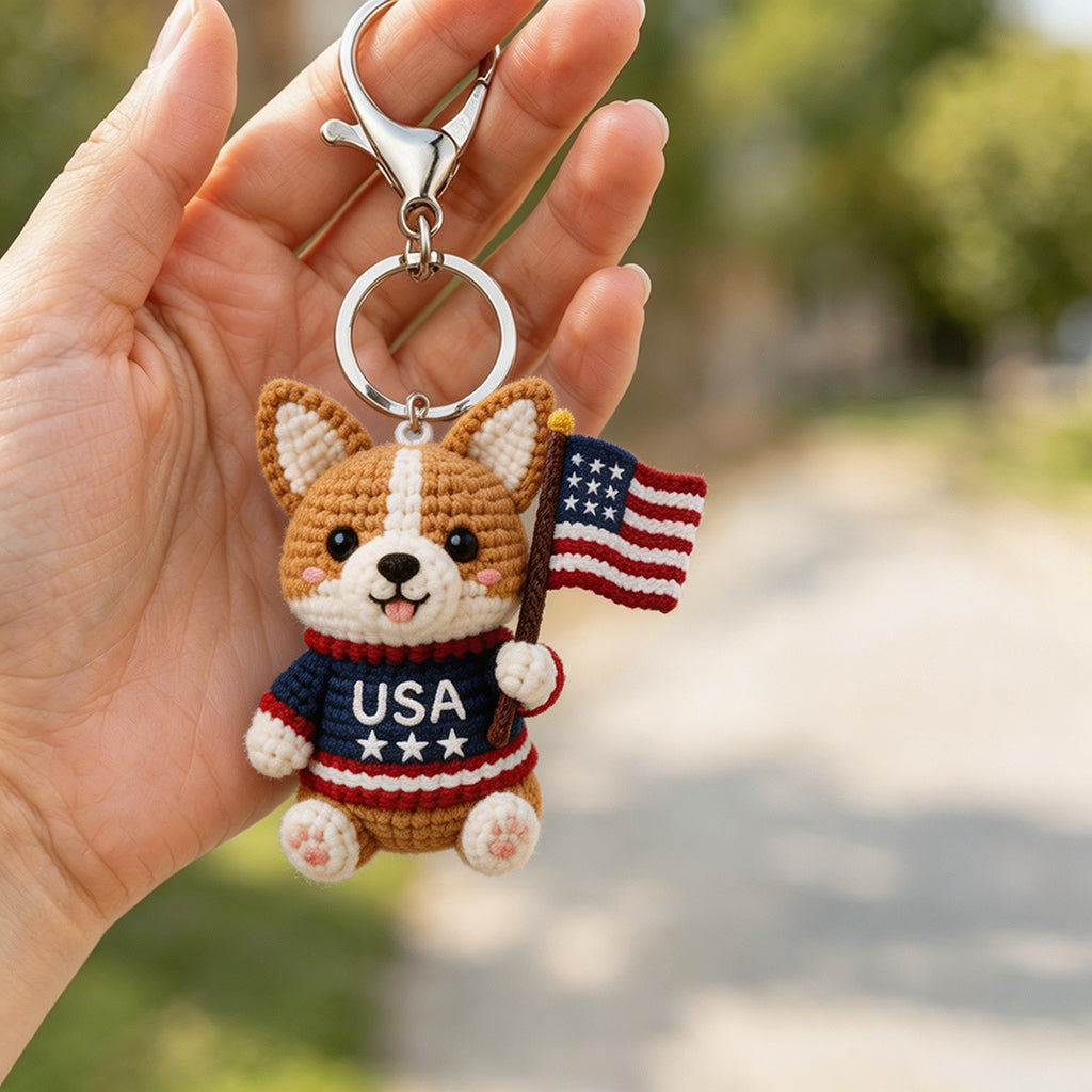 Patriotic Crochet Animal Keychain – American Flag Handmade Plush Backpack Charm