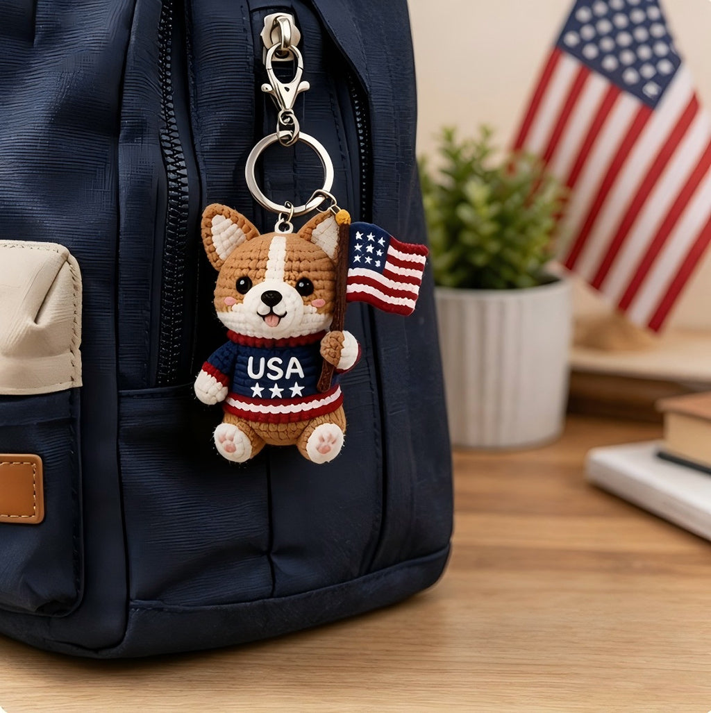 Patriotic Crochet Animal Keychain – American Flag Handmade Plush Backpack Charm